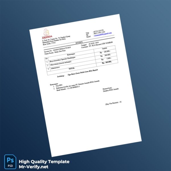 Indonesia RSIA Ananda Invoice Template in Word and PDF formats