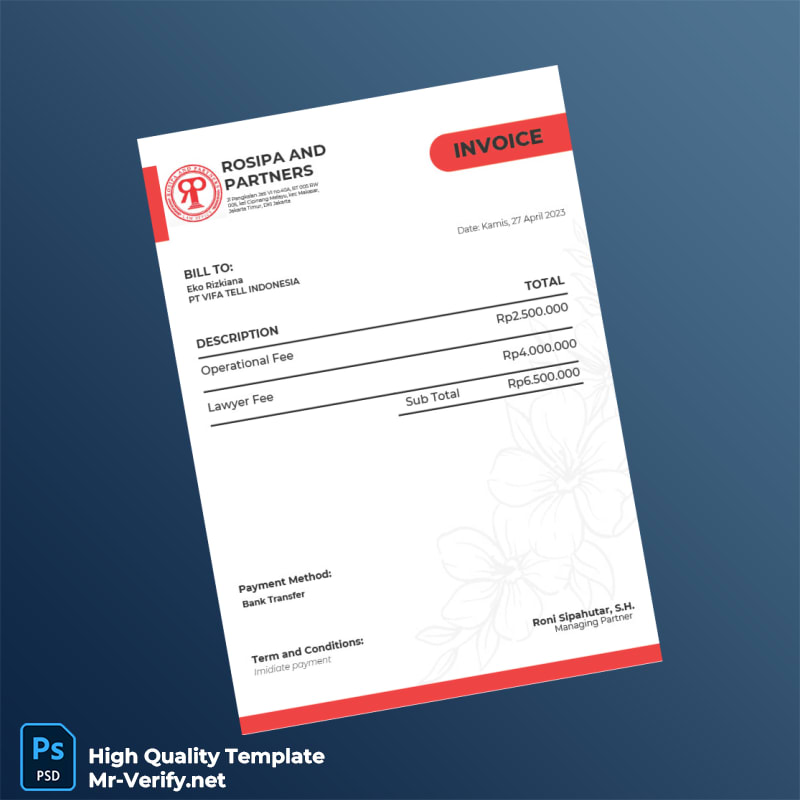 Indonesia Rosipa and Partners Invoice Template in Word and PDF formats Indonesia Rosipa and Partners Invoice Template in Word and PDF formats