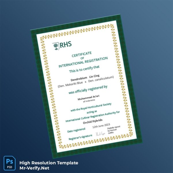 Editable Indonesia Royal Horticultural Society Digital Registration Certificate Word and Pdf Template Preview
