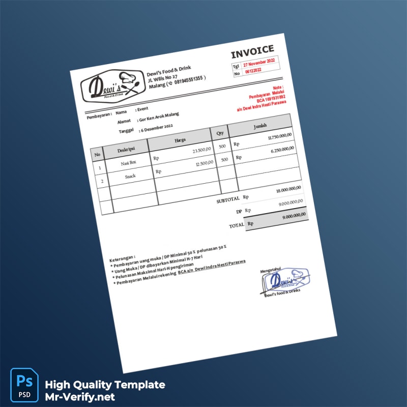Indonesia Sedap Malam Catering Invoice Template in Word and PDF formats Indonesia Sedap Malam Catering Invoice Template in Word and PDF formats