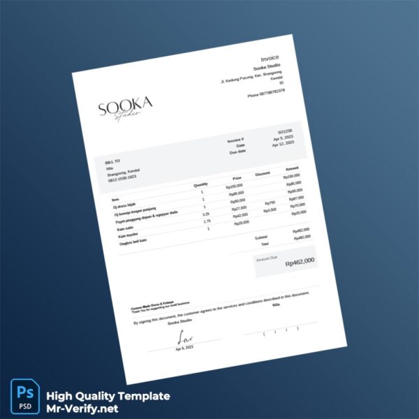Indonesia Sooka Studio Invoice Template in Word and PDF formats