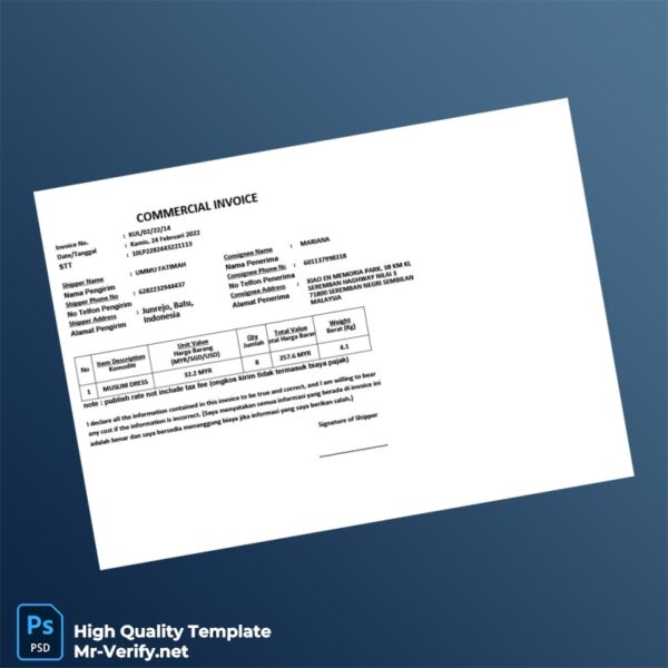 Indonesia Ummu Fatimah Commercial Invoice Template in Word and PDF formats