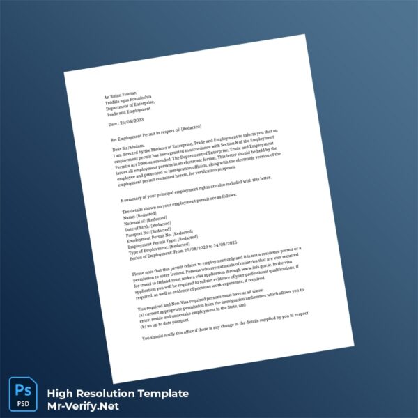 Editable Ireland Employment Permit Employment Verification Letter Word and Pdf Template Preview - Mac Doc