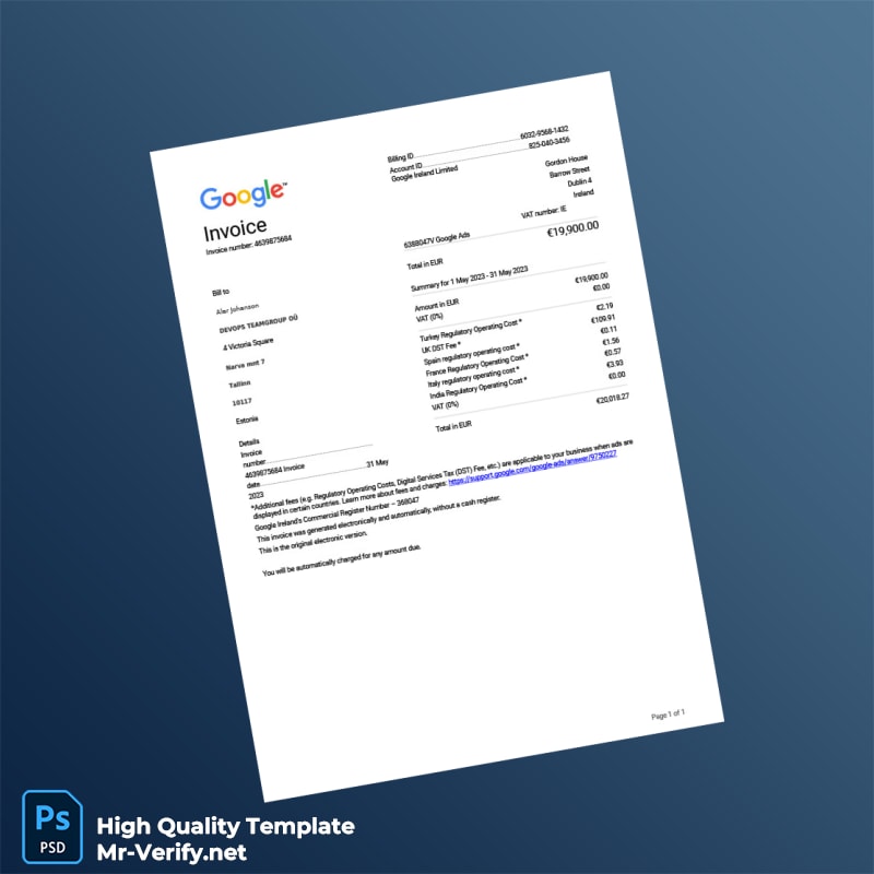 Ireland Google Invoice Template in Word and PDF formats Ireland Google Invoice Template in Word and PDF formats