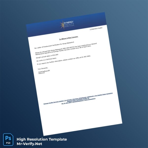 Editable Ireland Synergy Facility Services Limited Employment Verification Letter Word and Pdf Template Preview - Mac Doc