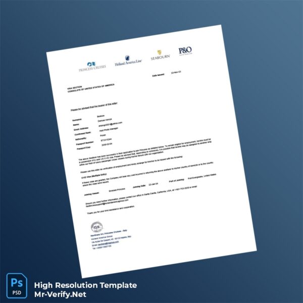 Editable Italy Princess Cruises Employment Verification Letter Word and Pdf Template Preview - Mac Doc