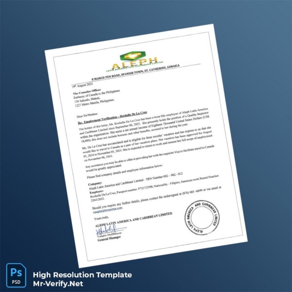 Editable Jamaica Aleph Latin America and Caribbean Limited Employment Verification Letter Word and Pdf Template Preview - Mac Doc