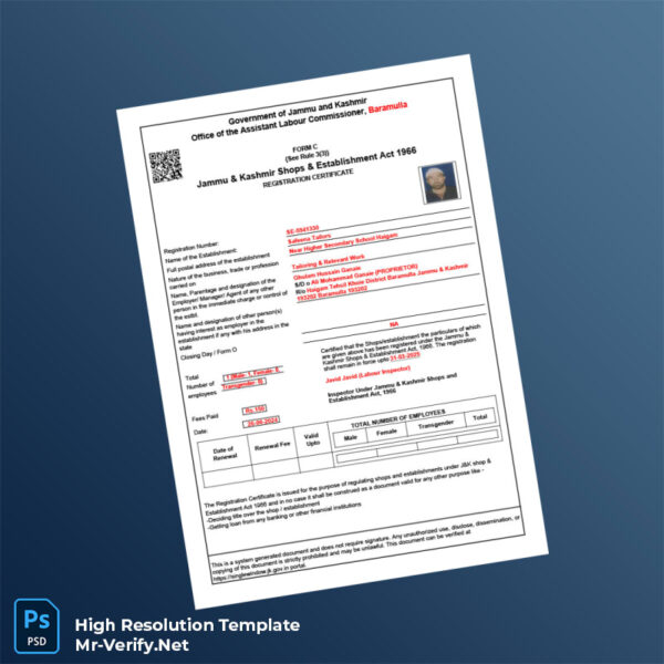 Editable Jammu and Kashmir Inspector Shops and Establishment Registration Certificate Word and Pdf Template Preview - Mac Doc