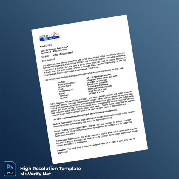 Editable Karbala HDGSK-JV Employment Verification Letter Word and Pdf Template Preview - Mac Doc