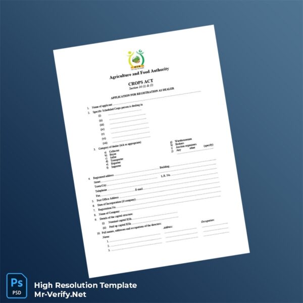 Editable Kenya Agriculture and Food Authority Business Registration Certificate Word and Pdf Template Preview - Mac Doc