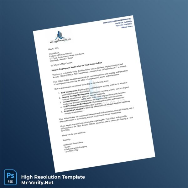 Editable Kenya Alfa Construction Company Employment Verification Letter Word and Pdf Template Preview - Mac Doc