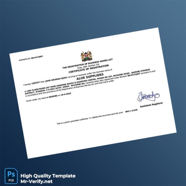 Kenya Assistant Registrar Business Registration Certificate Template in Word and PDF formats