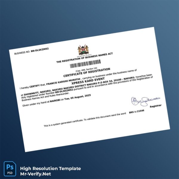 Editable Kenya Certificate of Registration Word and Pdf Template Preview - Mac Doc
