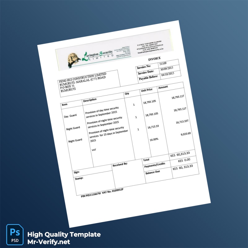 Kenya Feng Hui Construction Limited Invoice Template in Word and PDF formats Kenya Feng Hui Construction Limited Invoice Template in Word and PDF formats