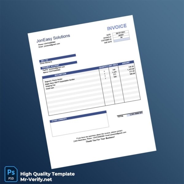 Kenya JonEasy Solutions Invoice Template in Word and PDF formats