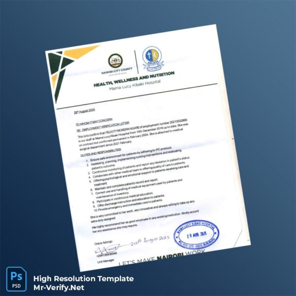 Editable Kenya Mama Lucy Kibaki Hospital Employment Verification Letter Word and Pdf Template Preview - Mac Doc