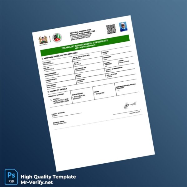 Kenya NCPWD Disability Registration Certificate Template in Word and PDF formats