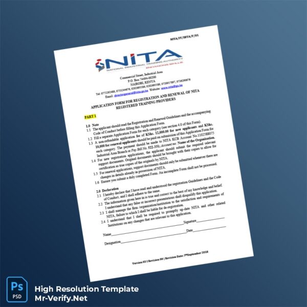 Editable Kenya National Industrial Training Authority Application Form for Registration and Renewal of Nita Registered Template in Word a Preview - Mac Doc