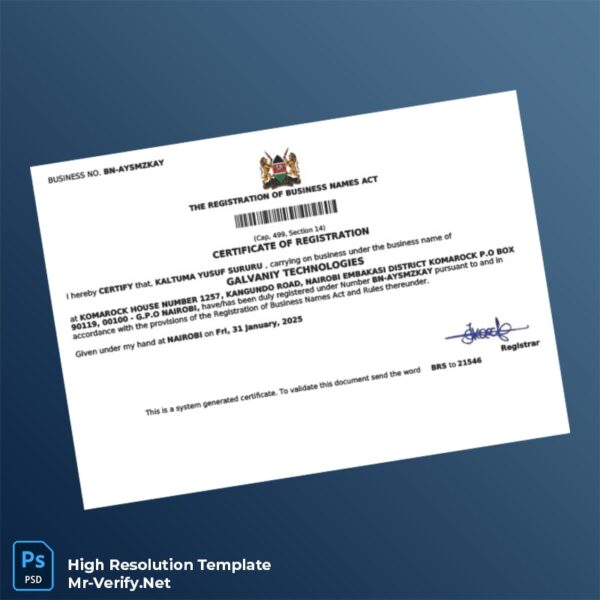 Editable Kenya Registrar of Companies Business Name Registration Certificate Word and Pdf Template Preview - Mac Doc