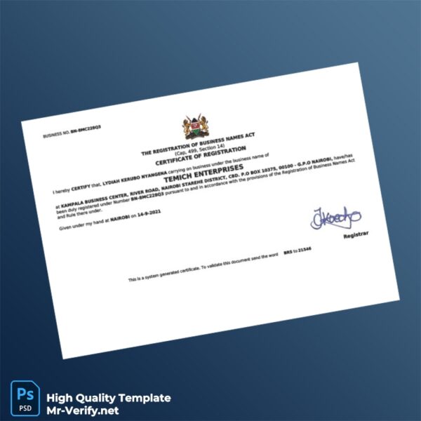 Kenya Registrar of Companies Business Registration Certificate Template in Word and PDF formats Kenya Registrar of Companies Business Registration Certificate Template in Word and PDF formats
