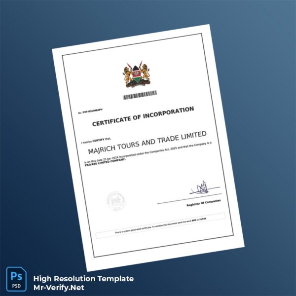 Editable Kenya Registrar of Companies Certificate of Incorporation Word and Pdf Template Preview - Mac Doc