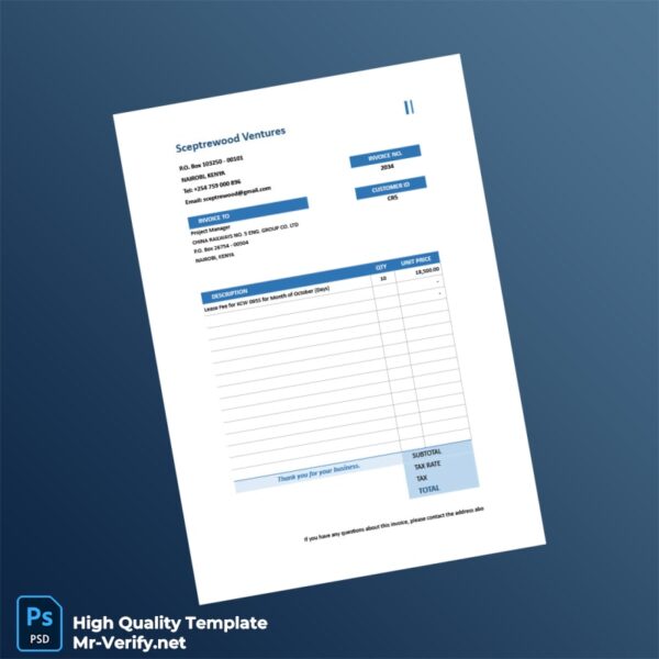 Kenya Sceptrewood Ventures Invoice Template in Word and PDF formats