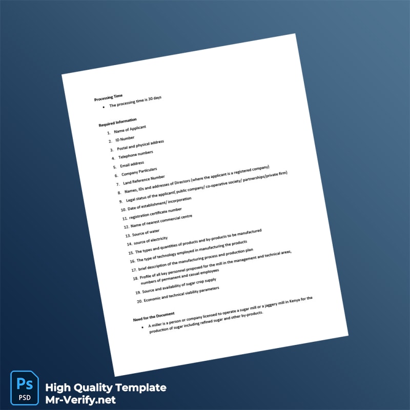Kenya Sugar Miller Registration Renewal Certificate Template in Word and PDF formats page 2 Kenya Sugar Miller Registration Renewal Certificate Template in Word and PDF formats page 2