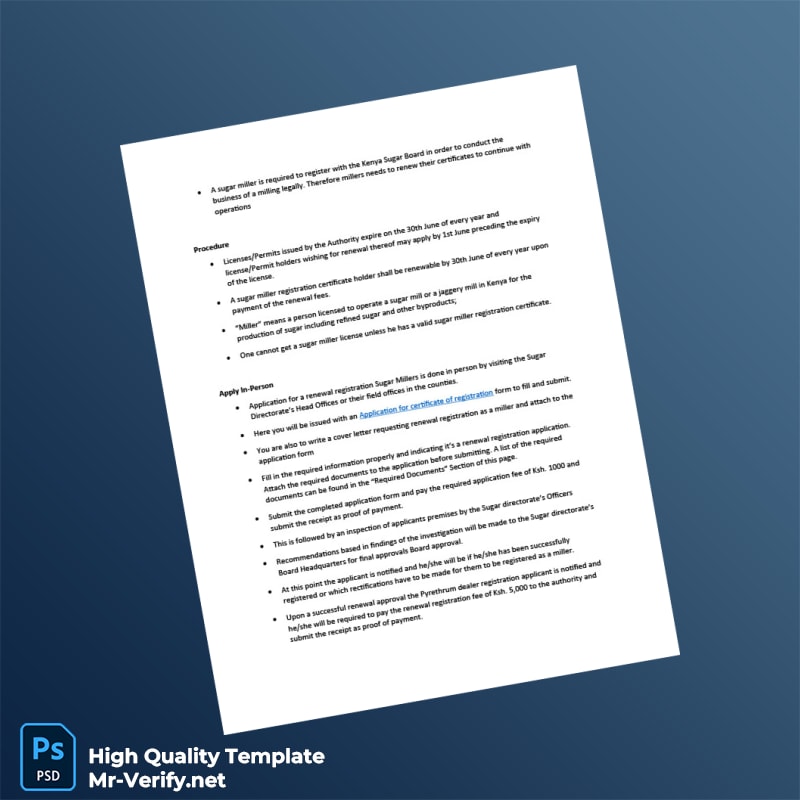 Kenya Sugar Miller Registration Renewal Certificate Template in Word and PDF formats page 3 Kenya Sugar Miller Registration Renewal Certificate Template in Word and PDF formats page 3
