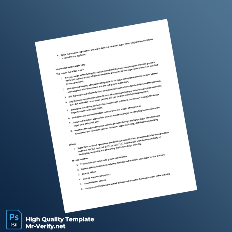 Kenya Sugar Miller Registration Renewal Certificate Template in Word and PDF formats page 4 Kenya Sugar Miller Registration Renewal Certificate Template in Word and PDF formats page 4