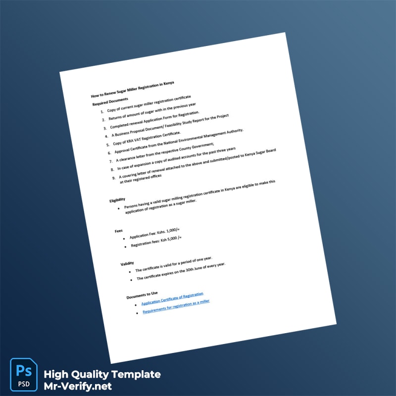 Kenya Sugar Miller Registration Renewal Certificate Template in Word and PDF formats Kenya Sugar Miller Registration Renewal Certificate Template in Word and PDF formats