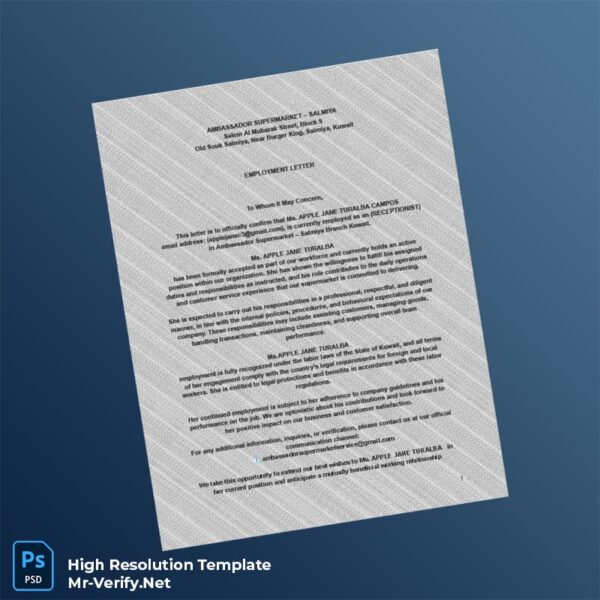Editable Kuwait Ambassador Supermarket Employment Verification Letter Word and Pdf Template Preview - Mac Doc