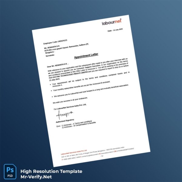 Editable LabourNet Services India Pvt Ltd Employment Verification Letter Word and Pdf Template Preview - Mac Doc