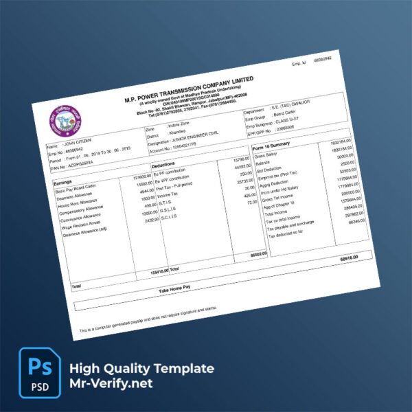MP Power Transmission Company Limited payslip word and pdf template