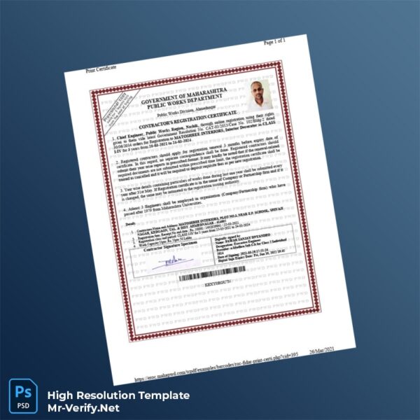 Editable Maharashtra Public Works Department Contractor Registration Certificate Word and Pdf Template Preview - Mac Doc