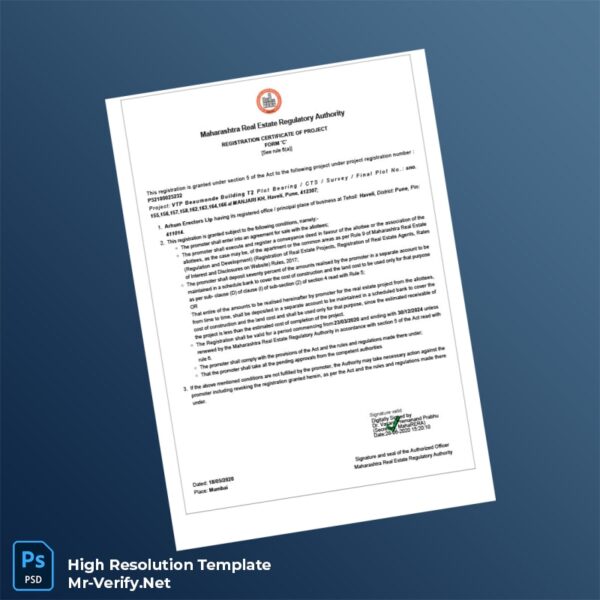 Editable Maharashtra Real Estate Regulatory Authority Registration Certificate of Project Form C Word and Pdf Template Preview - Mac Doc
