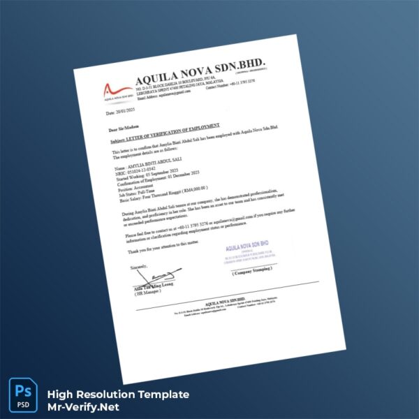 Editable Malaysia Aquila Nova Sdn Bhd Employment Verification Letter Word and Pdf Template Preview - Mac Doc