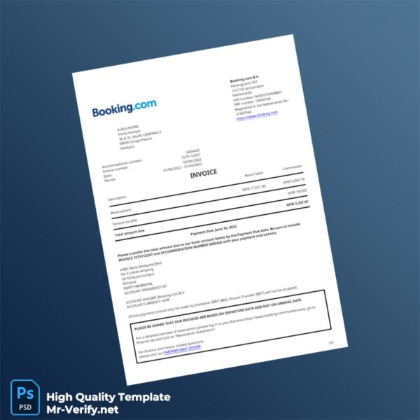 Malaysia Booking com B V Invoice Template in Word and PDF formats
