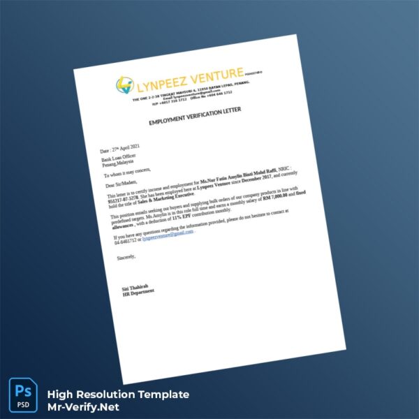 Editable Malaysia Lynpeez Venture Employment Verification Letter Word and Pdf Template Preview - Mac Doc