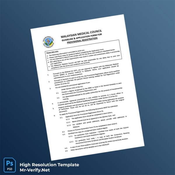 Editable Malaysia Malaysian Medical Council Provisional Registration Certificate Word and Pdf Template Preview - Mac Doc