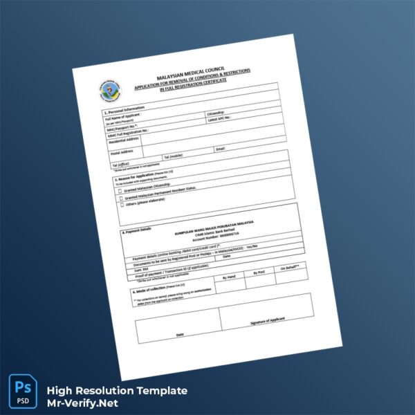 Editable Malaysia Malaysian Medical Council Removal of Conditions and Restrictions Registration Certificate Template in Word and PDF form Preview - Mac Doc