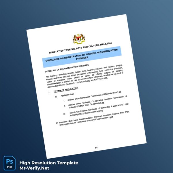 Editable Malaysia Ministry of Tourism Accommodation Premises Registration Certificate Word and Pdf Template Preview - Mac Doc