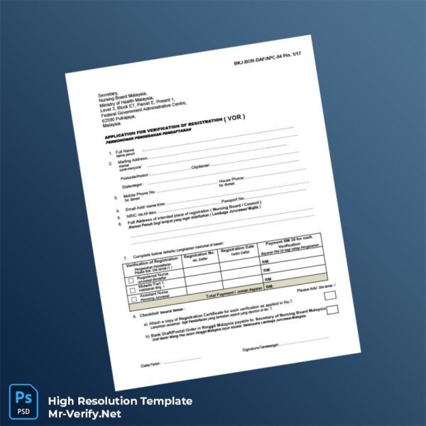 Editable Malaysia Nursing Board Verification of Registration Application Form Word and Pdf Template Preview - Mac Doc