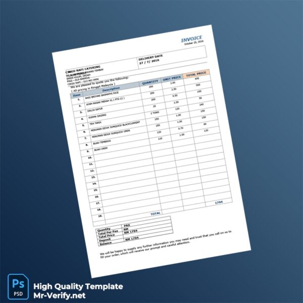 Malaysia Rafiq Catering Invoice Template in Word and PDF formats