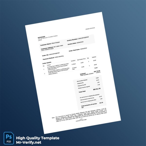 Malaysia Shopee Invoice Template in Word and PDF formats