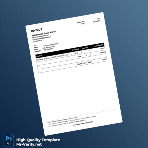 Malaysia Splashtastik Swim School Invoice Template in Word and PDF formats