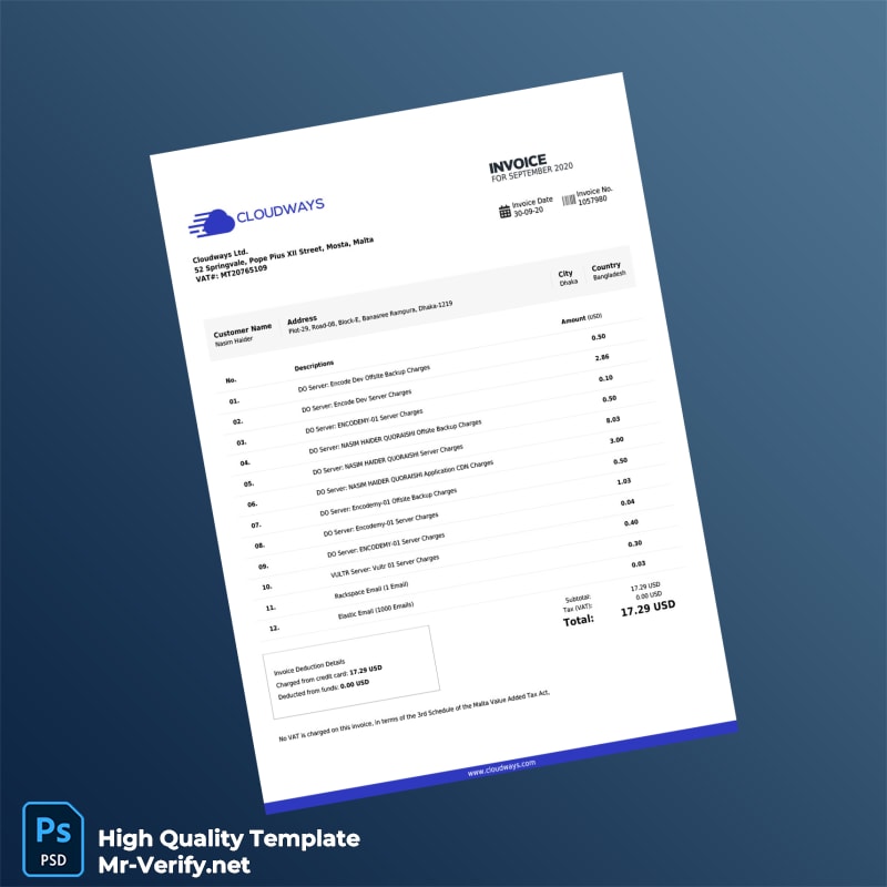 Malta Cloudways Ltd Invoice Template in Word and PDF formats Malta Cloudways Ltd Invoice Template in Word and PDF formats