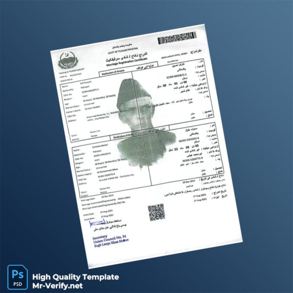 Marriage Registration Certificate in Pakistan Template in Word and PDF formats