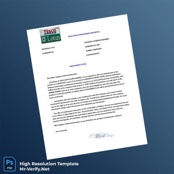 Editable Mauritius TESCO LOTUS SUPER MARKET Employment Verification Letter Word and Pdf Template Preview - Mac Doc