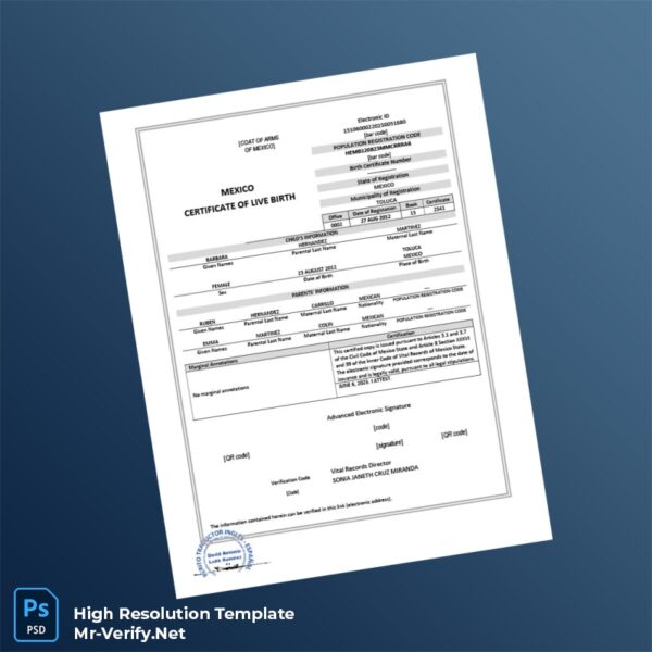 Editable Mexico Vital Records Certificate of Live Birth Word and Pdf Template Preview - Mac Doc