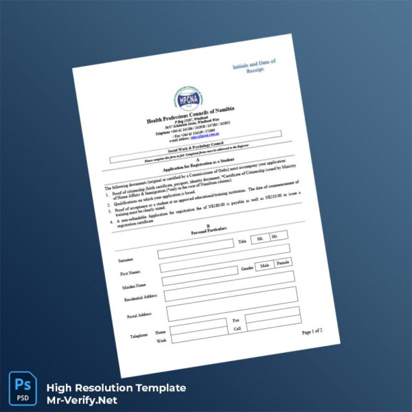 Editable Namibia Health Professions Councils Application for Registration as a Student Word and Pdf Template Preview - Mac Doc